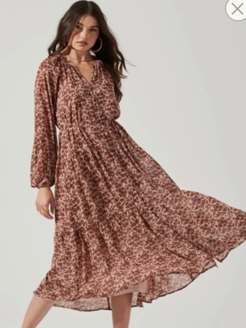 Astr The LABEL Women's Long Sleeve Blush And Brown Floral Midi Dress XS